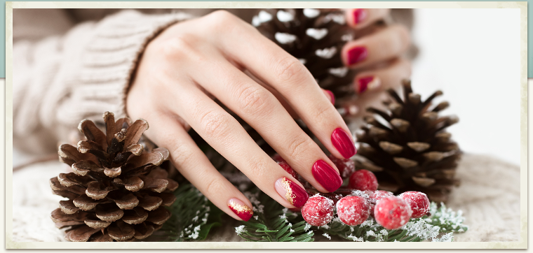Winter Red Nails near Pine cones and snow ferns